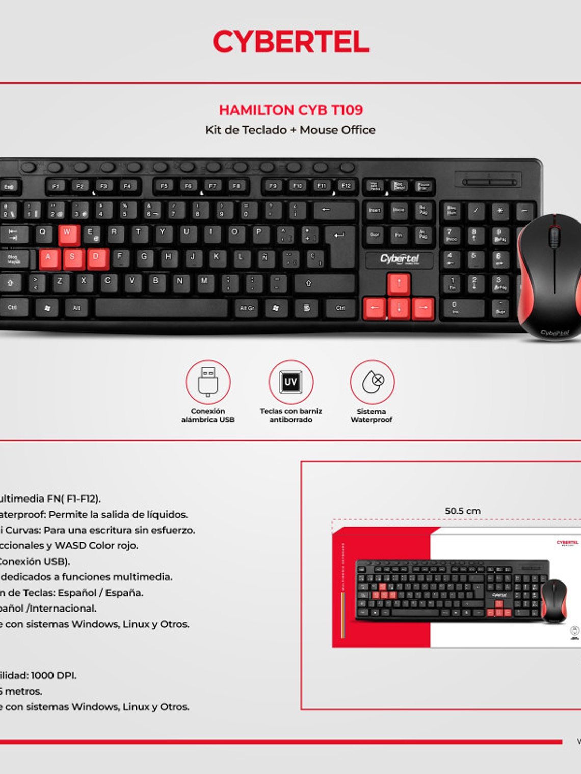 Kit USB Teclado y Mouse Cybertel Hamilton CYB T109 Alámbrico Multimedia Español 1000 DPI Compatible Windows y Linux 5