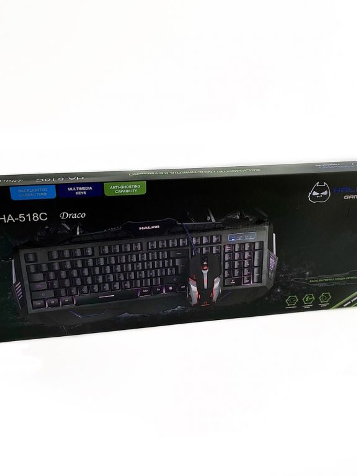 Kit Gamer Teclado y Mouse Halion Draco HA-518C Retroiluminado 3 Colores USB 3200 DPI 6 Botones 3
