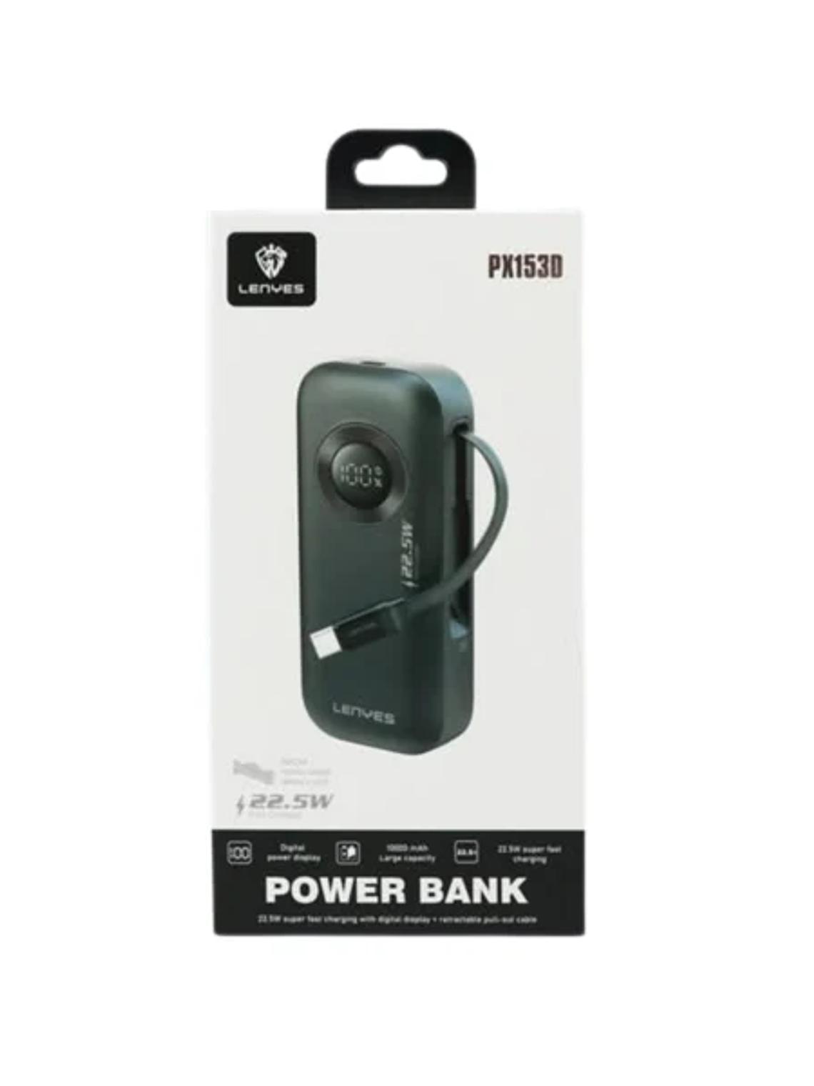 Power Bank LENYES PX153D 10000mAh 22.5W Carga Súper Rápida con Cable Telescópico y Pantalla Digital 1