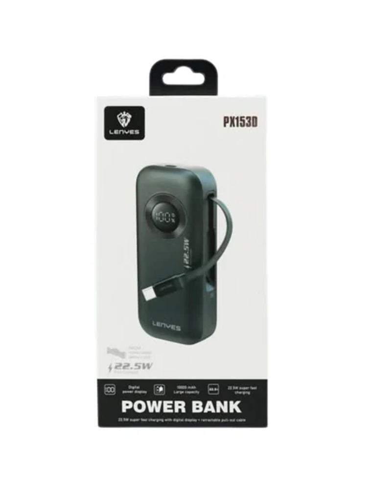 Power Bank LENYES PX153D 10000mAh 22.5W Carga Súper Rápida con Cable Telescópico y Pantalla Digital 1