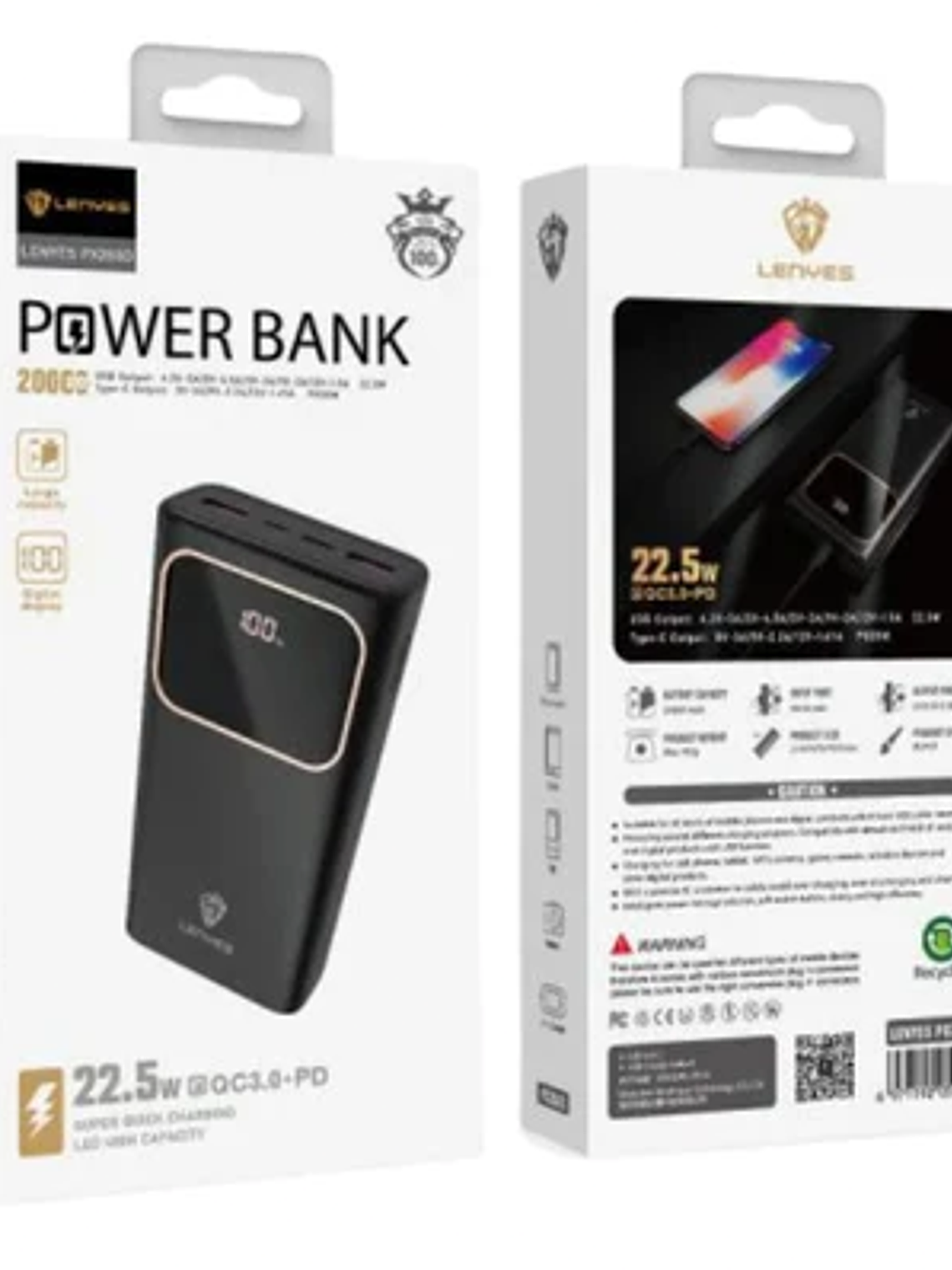 Power Bank LENYES PX288D 20000mAh 22.5W Carga Rápida USB y Type-C Alta Capacidad 1