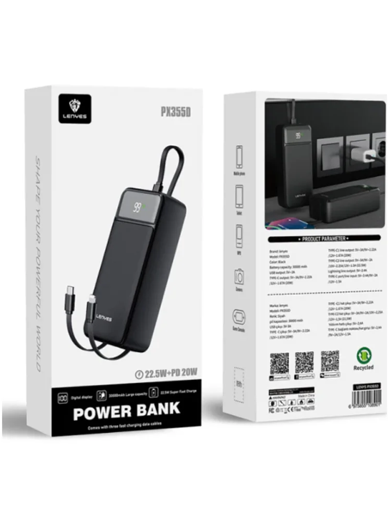 Power Bank LENYES PX355D 30000mAh 22.5W Carga Rápida con Pantalla LED y Múltiples Puertos 4