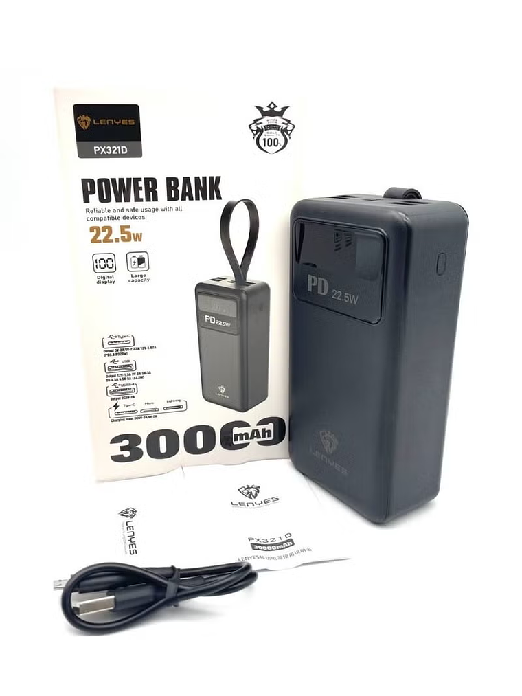 Power Bank LENYES PX-321D 30000mAh 22.5W Carga Rápida – Alta Capacidad, Seguridad Inteligente y Compatibilidad Universal 1