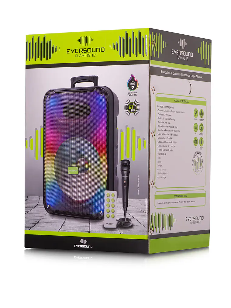 Parlante Bluetooth Flaming 12 EV 3001 Torre con Luces RGB Karaoke USB FM 6