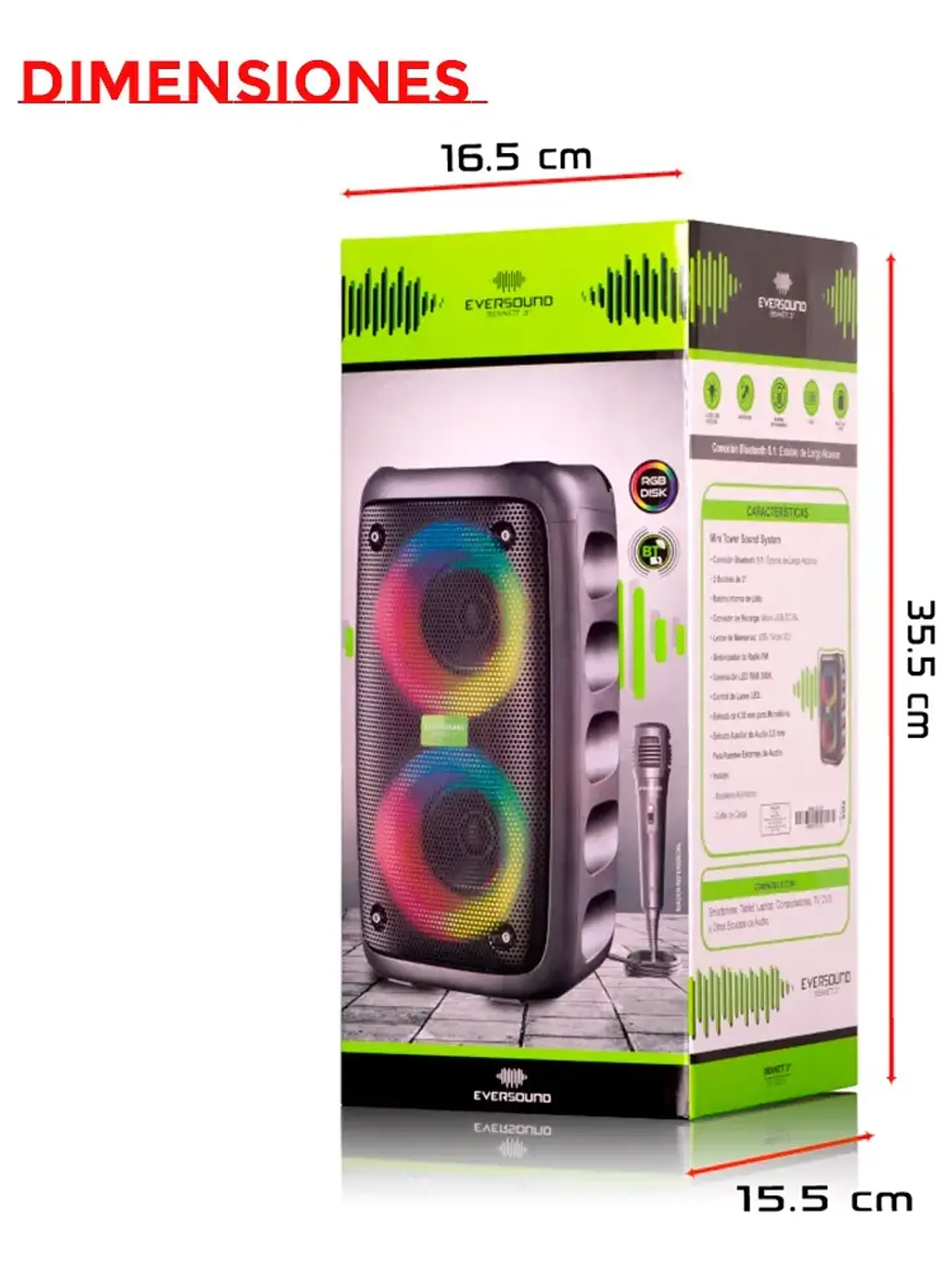 Parlante Portátil Eversound Bennett 3 EV2021 Bluetooth Karaoke Luces LED USB FM 3