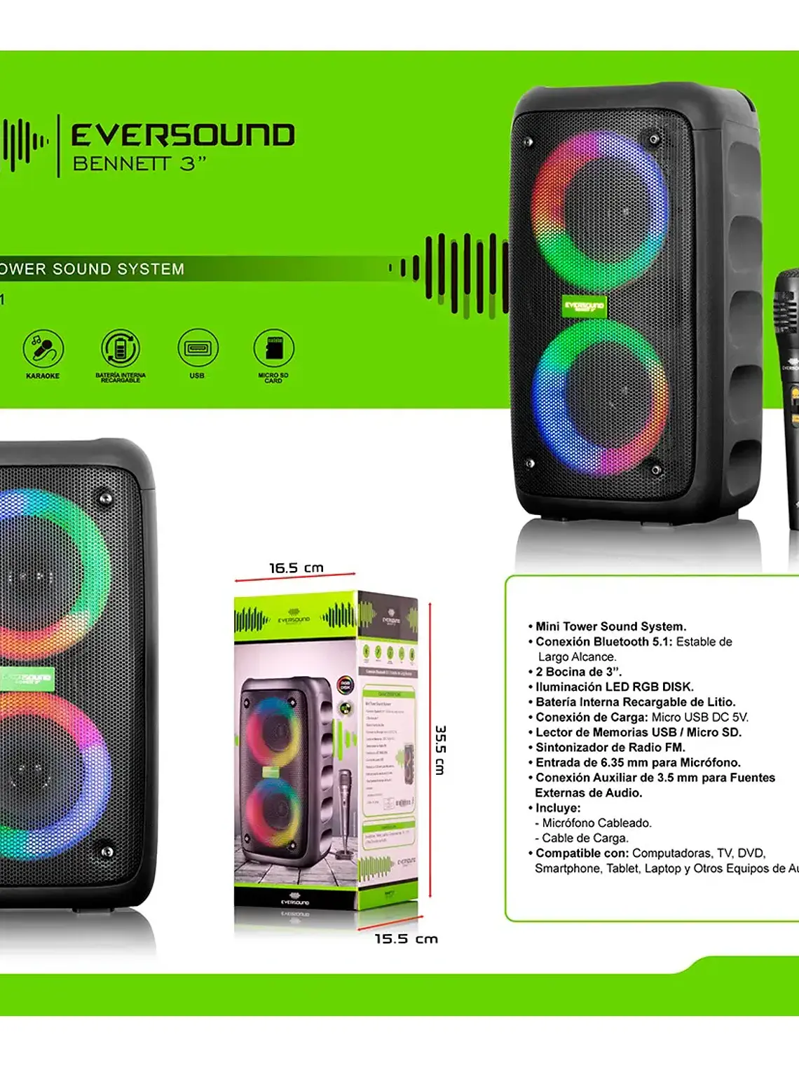 Parlante Portátil Eversound Bennett 3 EV2021 Bluetooth Karaoke Luces LED USB FM 4