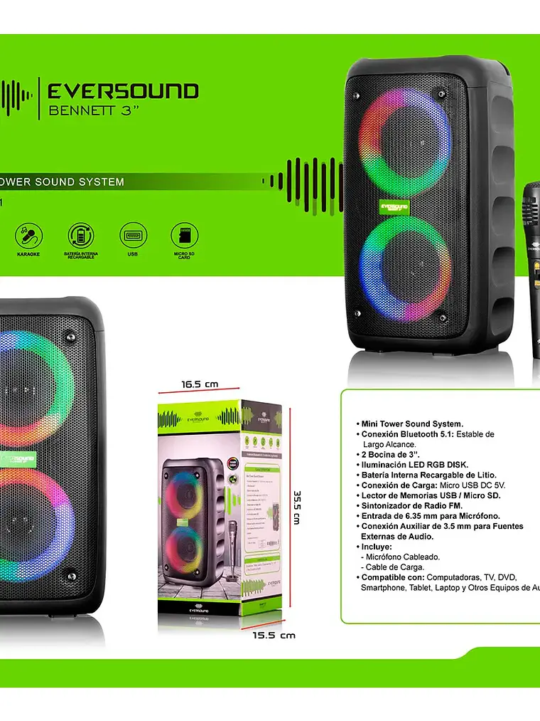 Parlante Portátil Eversound Bennett 3 EV2021 Bluetooth Karaoke Luces LED USB FM 4