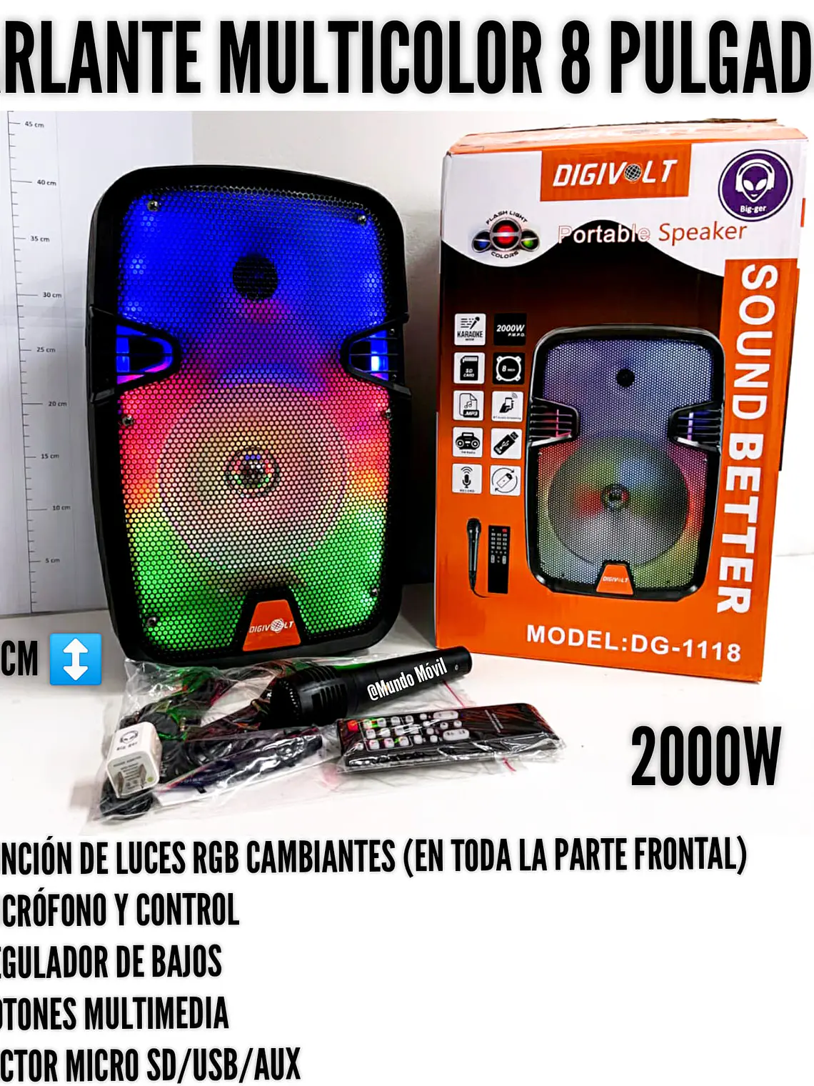 Parlante Bluetooth Digivolt DG-1118 Portátil con Luces LED USB FM Karaoke y Entrada Micro SD 2