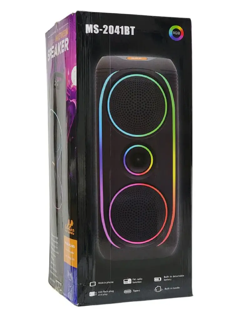 Parlante Bluetooth MS-2041BT 50W con Luces RGB Karaoke Micrófono USB FM 3