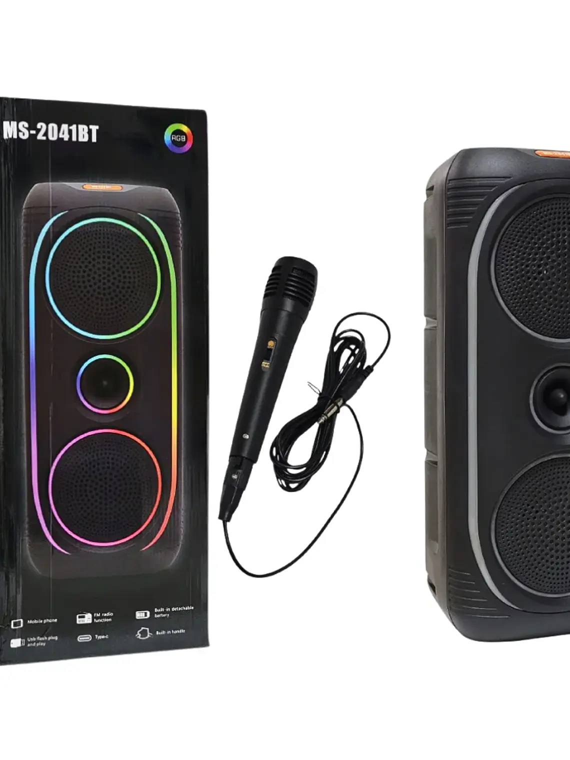 Parlante Bluetooth MS-2041BT 50W con Luces RGB Karaoke Micrófono USB FM 4