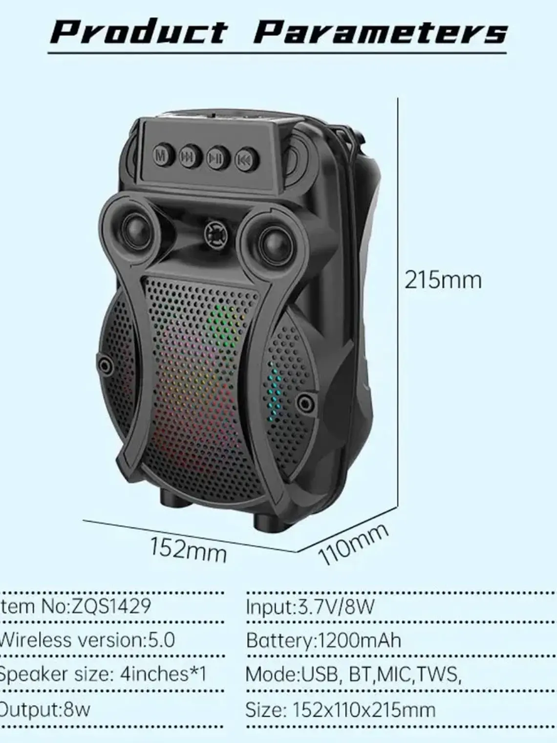 Parlante Bluetooth ZQS-1429 Portátil con Micrófono RGB Karaoke USB FM 10