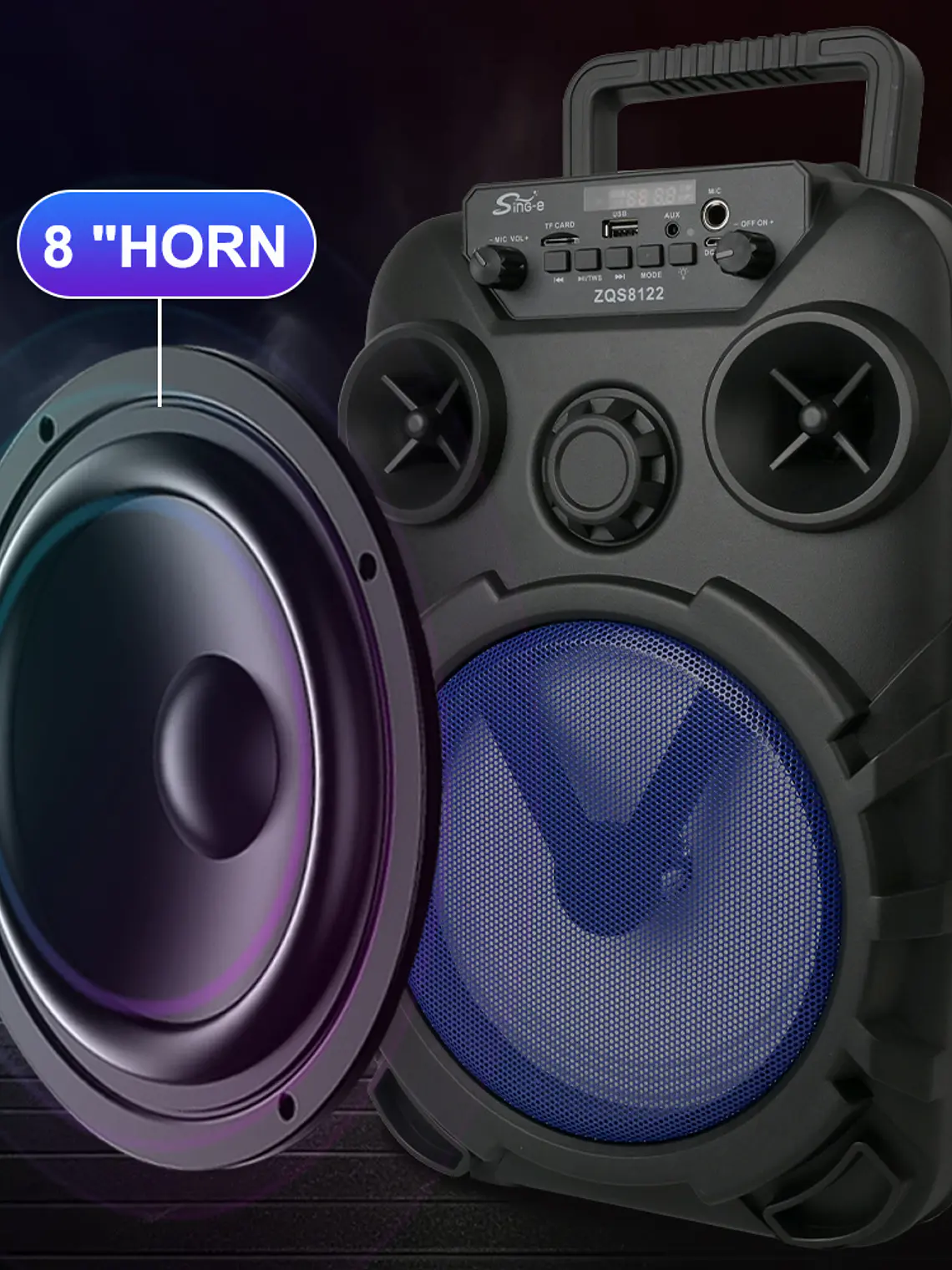 Altavoz Portátil Bluetooth SING-E ZQS8122 de 8 Pulgadas con Luces LED, Micrófono y Ruedas para Karaoke y Fiestas 6