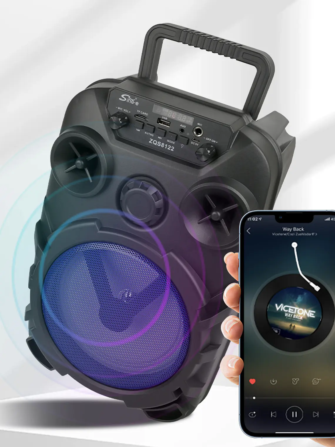 Altavoz Portátil Bluetooth SING-E ZQS8122 de 8 Pulgadas con Luces LED, Micrófono y Ruedas para Karaoke y Fiestas 3