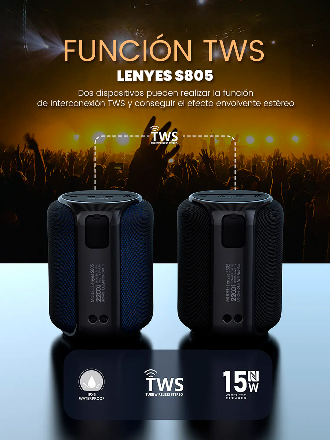Parlante Bluetooth Portátil Lenyes S805 15W RMS Sonido 360 Grados Color Azul 8
