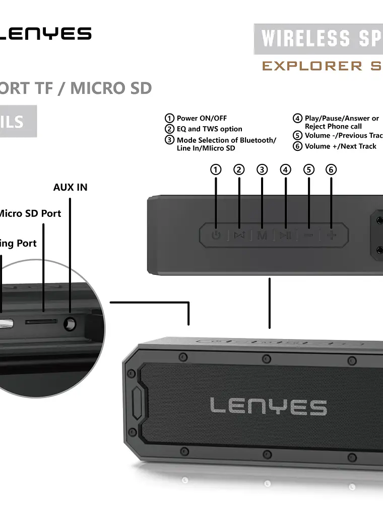 Parlante Bluetooth Lenyes S108 40W RMS IPX7 Resistente al Agua con TWS DSP y Batería 5200mAh 6