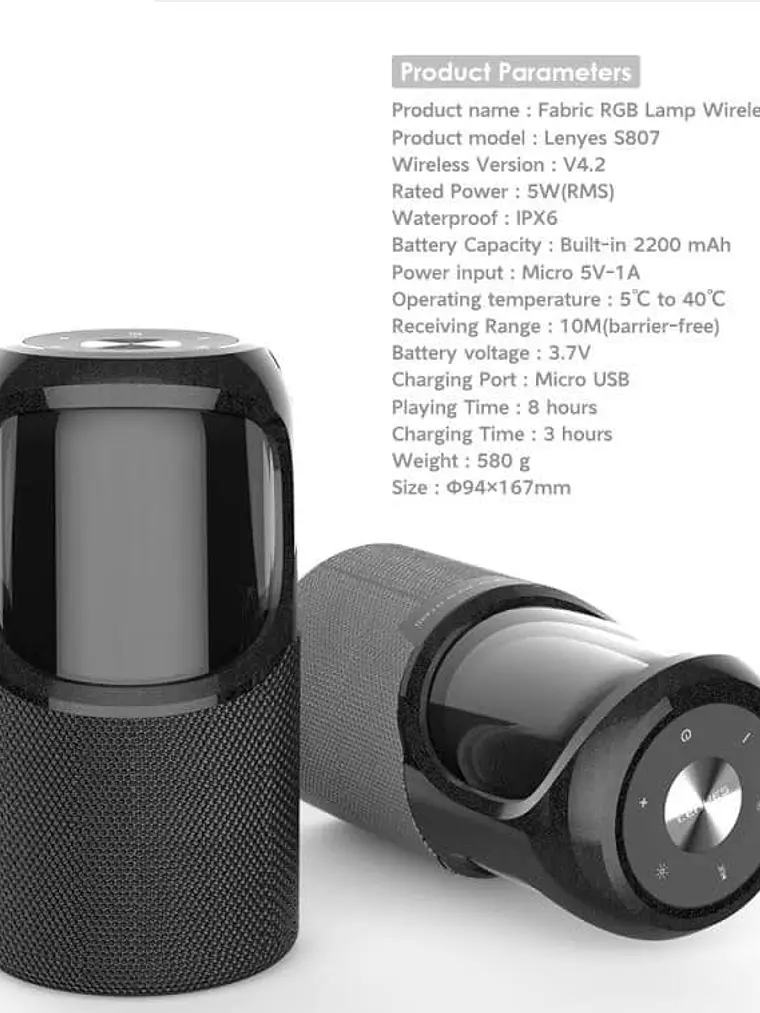 Parlante Bluetooth Lenyes S807 RGB Light IPX6 Portátil 10W con Luces LED y Micrófono 3