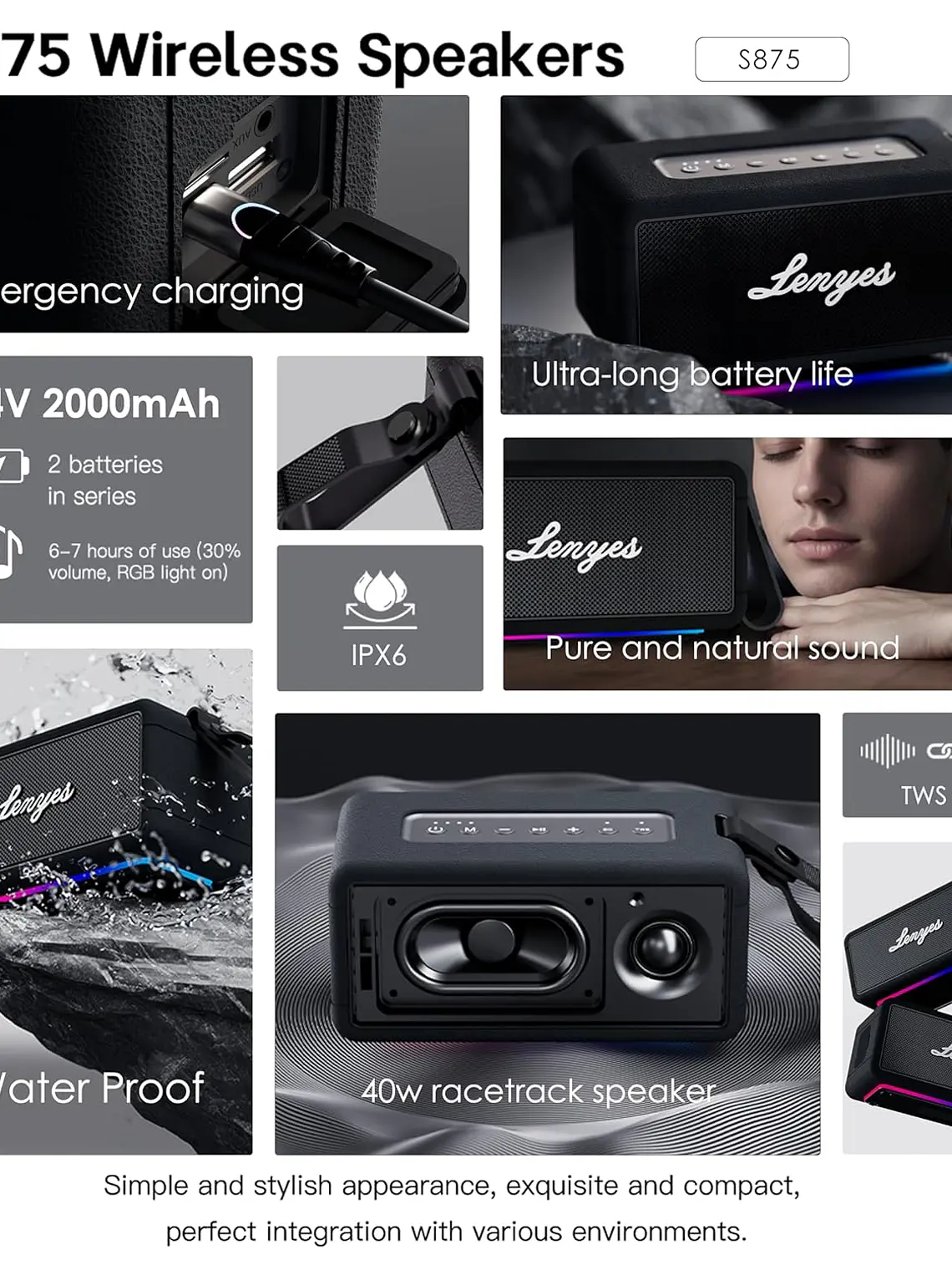 Parlante Bluetooth Lenyes S875 Portátil 40W Resistente al Agua IPX6 con Luces RGB 7