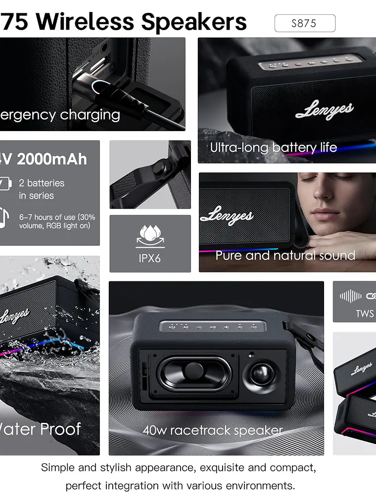 Parlante Bluetooth Lenyes S875 Portátil 40W Resistente al Agua IPX6 con Luces RGB 7