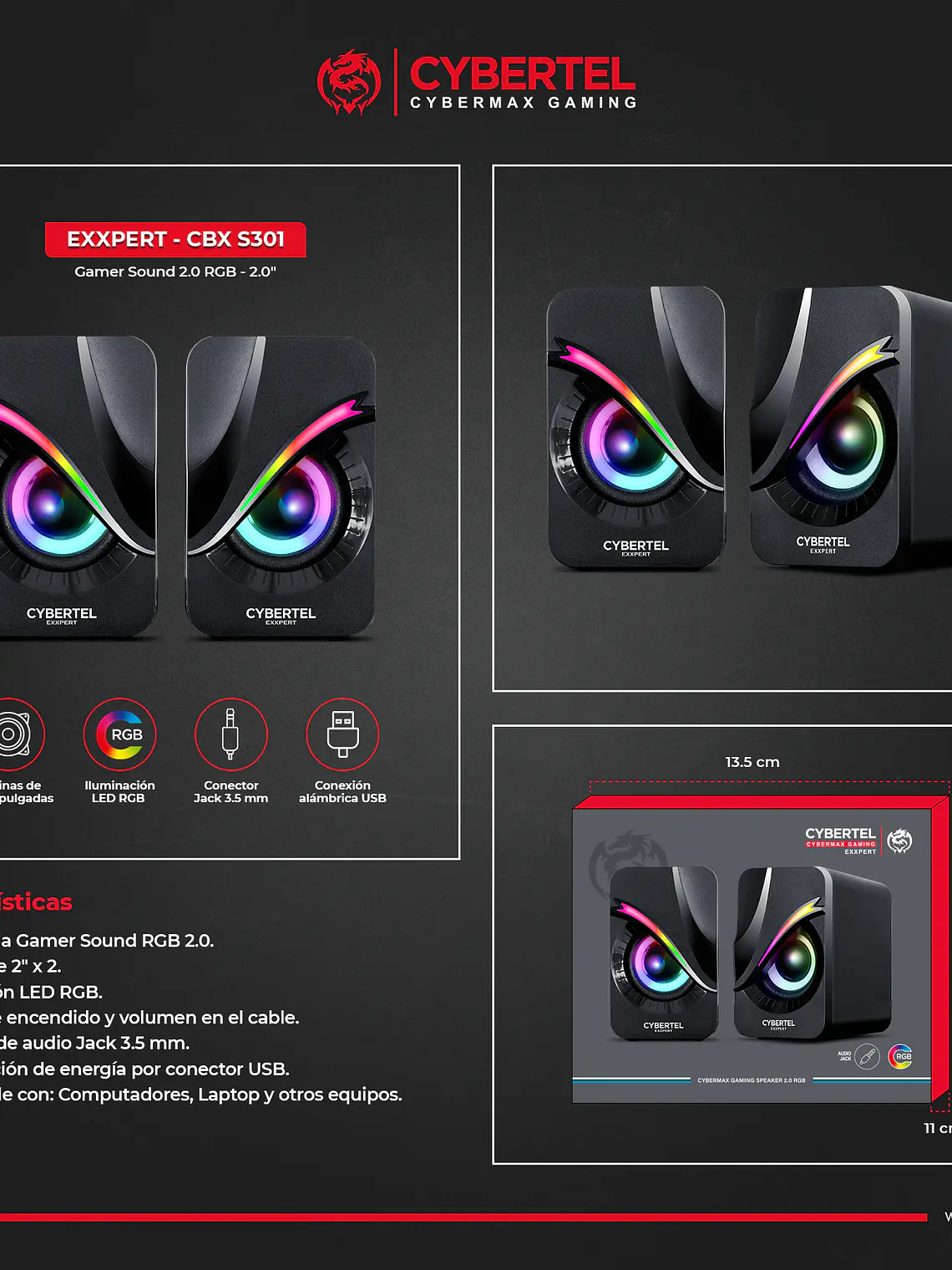 Parlantes Gamer Cybertel Exxpert CBX S301 RGB 2.0 para PC y Laptop con Conexión 3.5mm 3