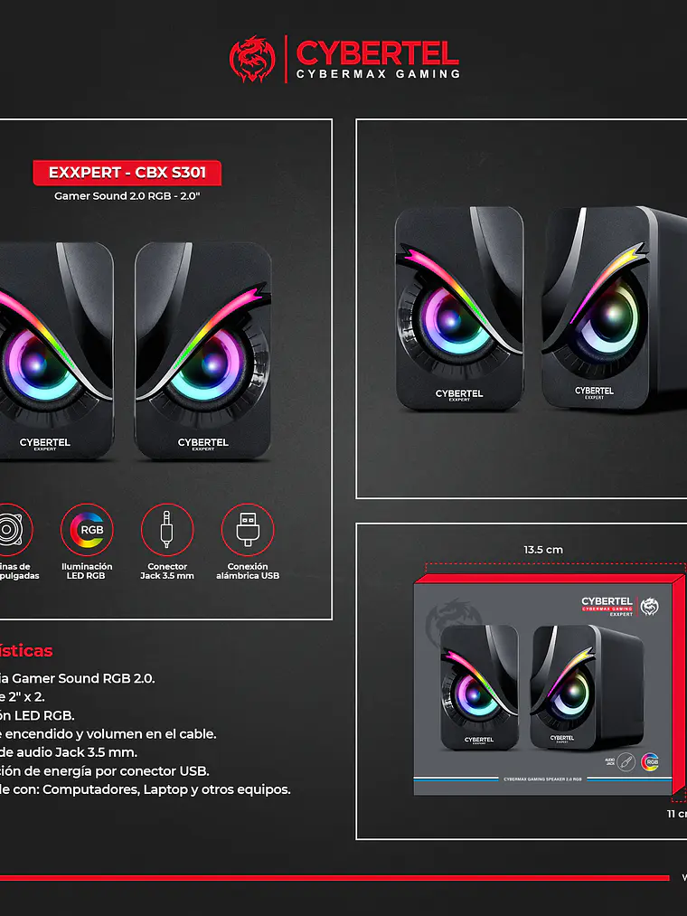 Parlantes Gamer Cybertel Exxpert CBX S301 RGB 2.0 para PC y Laptop con Conexión 3.5mm 3
