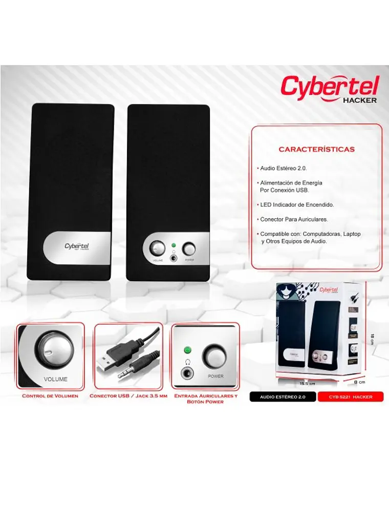 Parlante Multimedia Cybertel Hacker CYB S221 Estéreo 2.0 USB para PC y Laptop 4