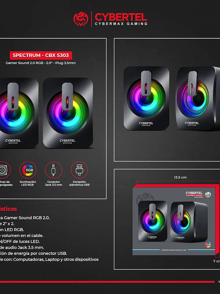 Parlantes Gamer Cybertel Spectrum CBX S303 RGB 2.0 USB Jack 3.5mm para PC y Laptop 4