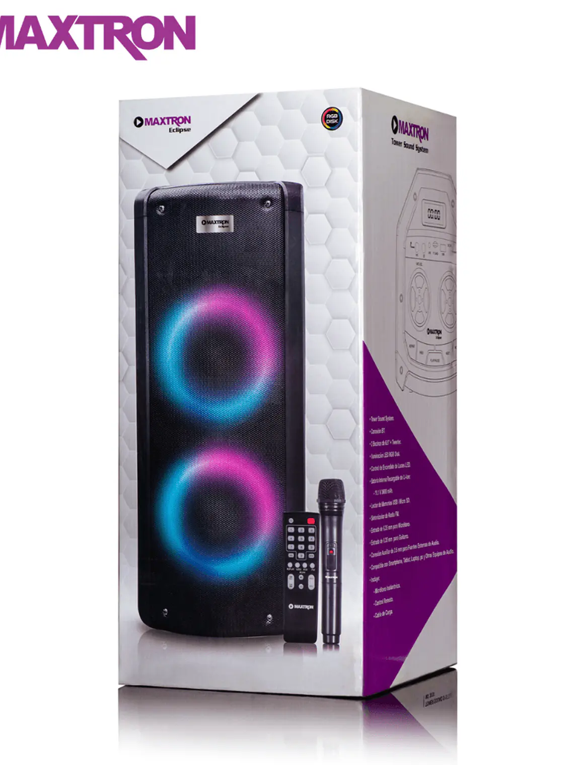 Parlante Bluetooth Maxtron Eclipse MX 303V Torre 160W con Micrófono, Luces RGB y Batería Recargable 3