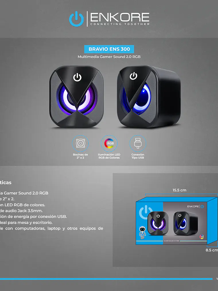 Parlantes Gamer Enkore Bravio ENS 300 RGB 2.0 USB Jack 3.5mm para PC y Laptop 4