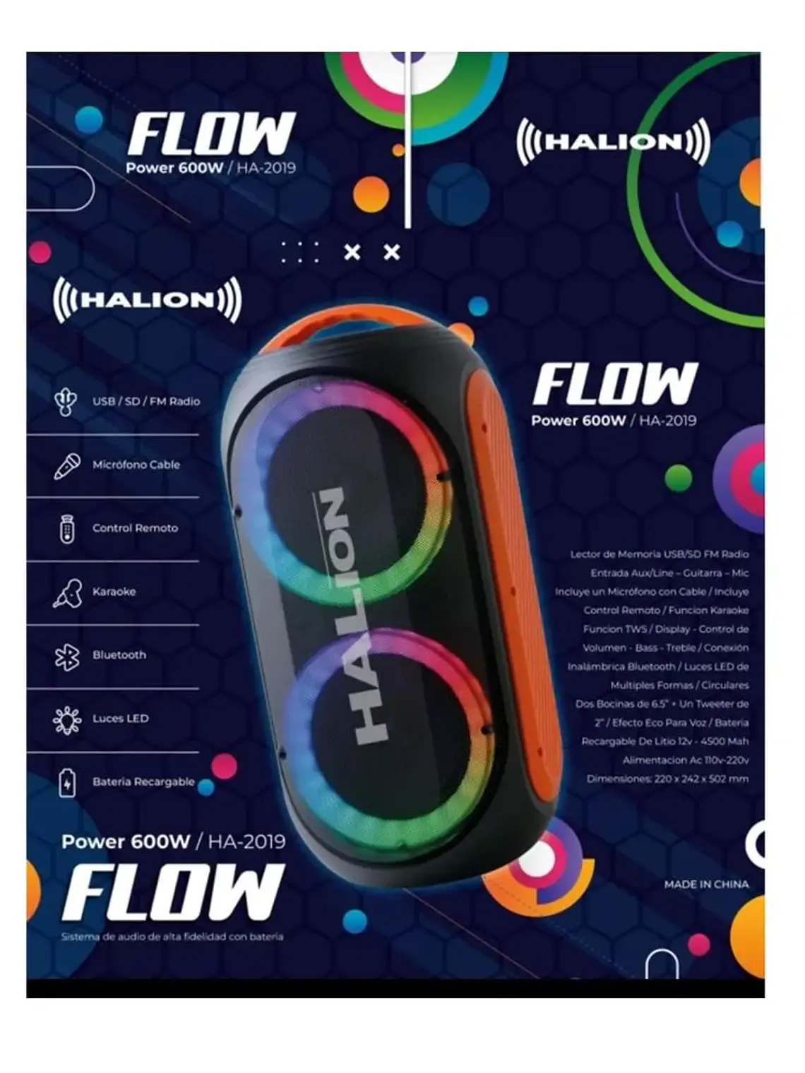 Parlante Halion HA-2019 FLOW 600W Bluetooth USB SD FM con Micrófono y Luces LED 2
