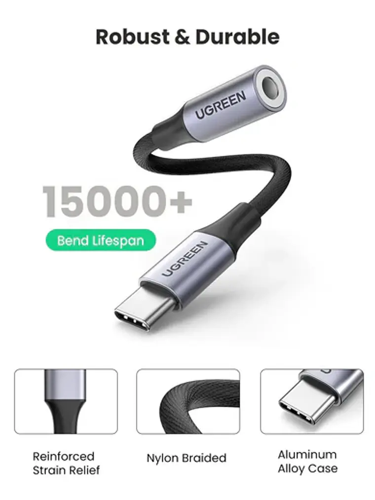 Cable Adaptador USB Tipo C a Jack 3.5 mm UGREEN AV161 80154 DAC HiFi para Audífonos y Smartphones 6