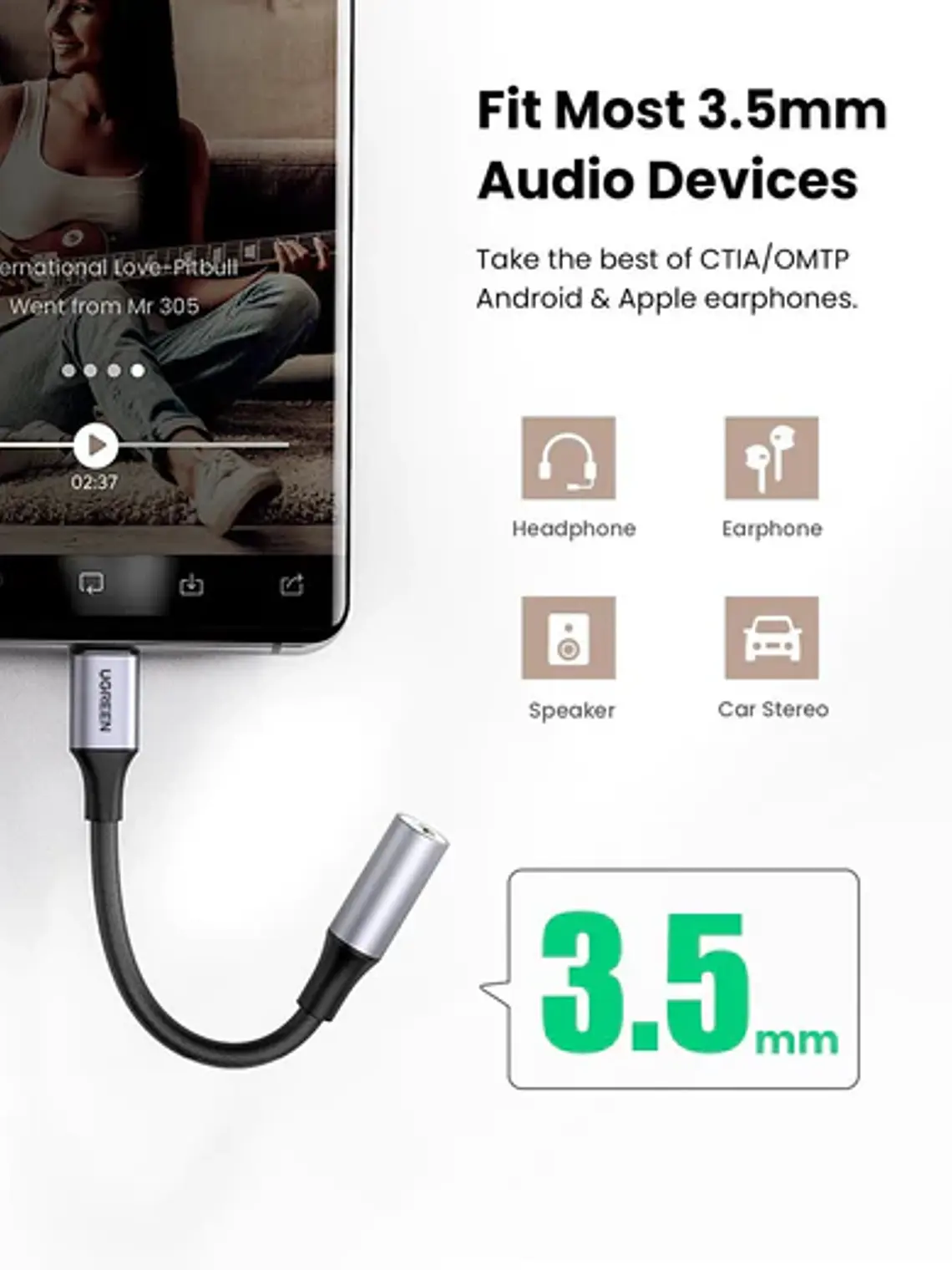 Cable Adaptador USB Tipo C a Jack 3.5 mm UGREEN AV161 80154 DAC HiFi para Audífonos y Smartphones 7