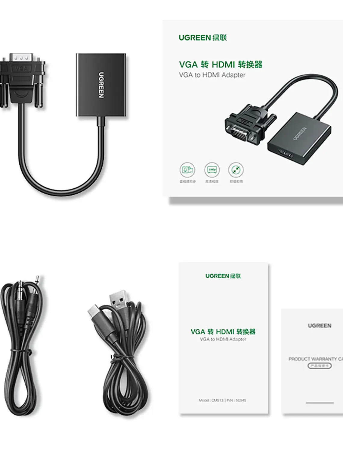 Adaptador VGA a HDMI UGREEN CM513 50945 Full HD 1080P con Audio para PC, Monitor, TV y Proyector 3