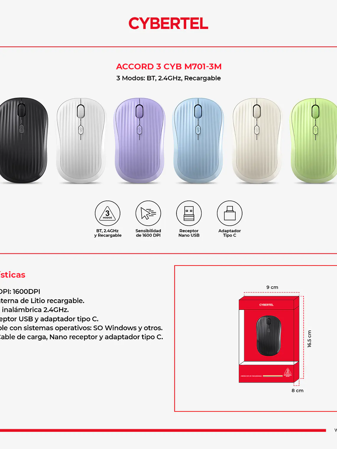 Mouse Inalámbrico Accord CYB M701 3 Modos 1600 DPI Recargable 8
