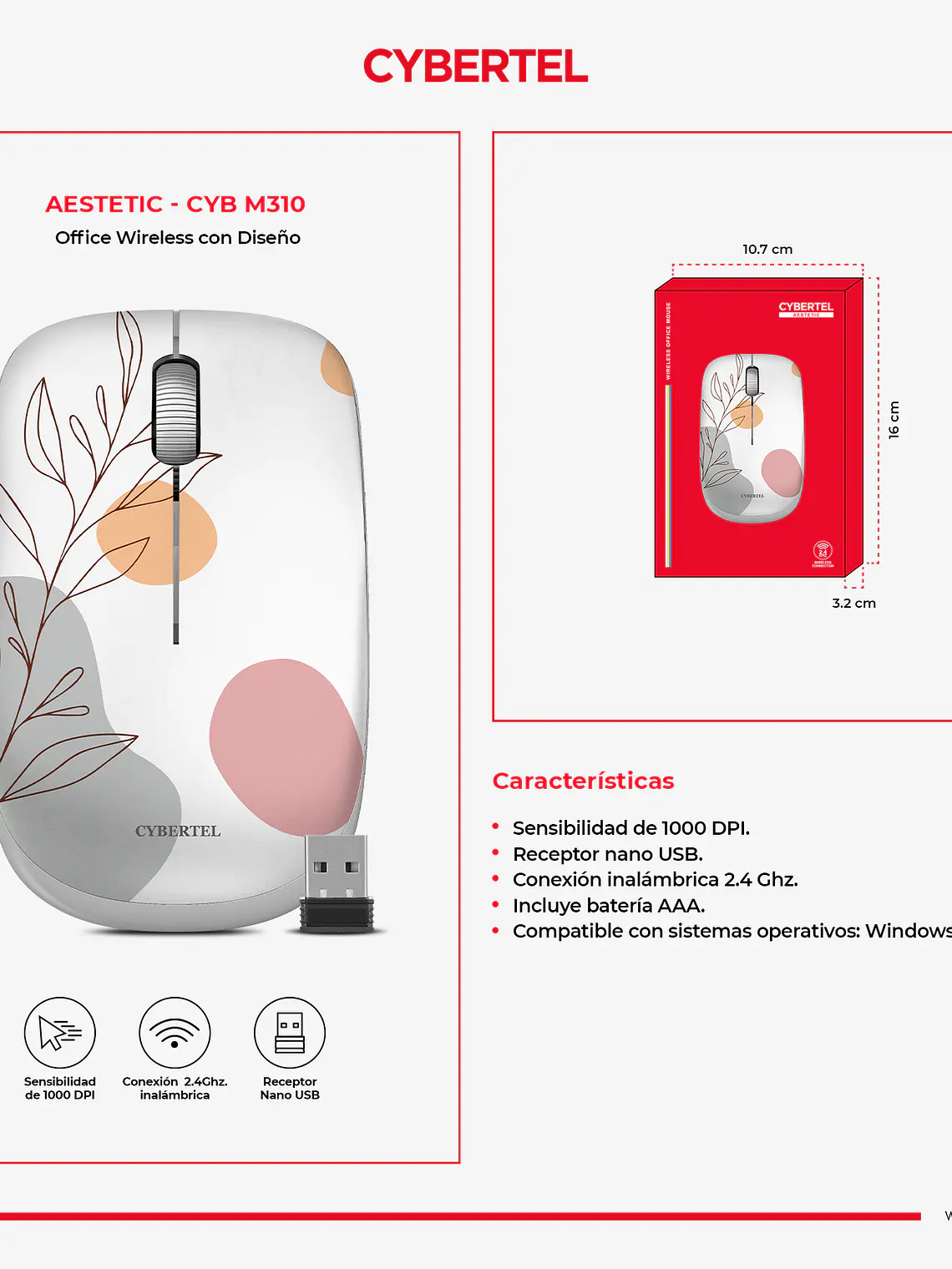 Mouse Inalámbrico Aestetic CYB M310 1000 DPI Wireless | CYBERTEL 3