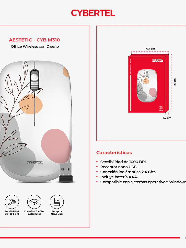 Mouse Inalámbrico Aestetic CYB M310 1000 DPI Wireless | CYBERTEL 3