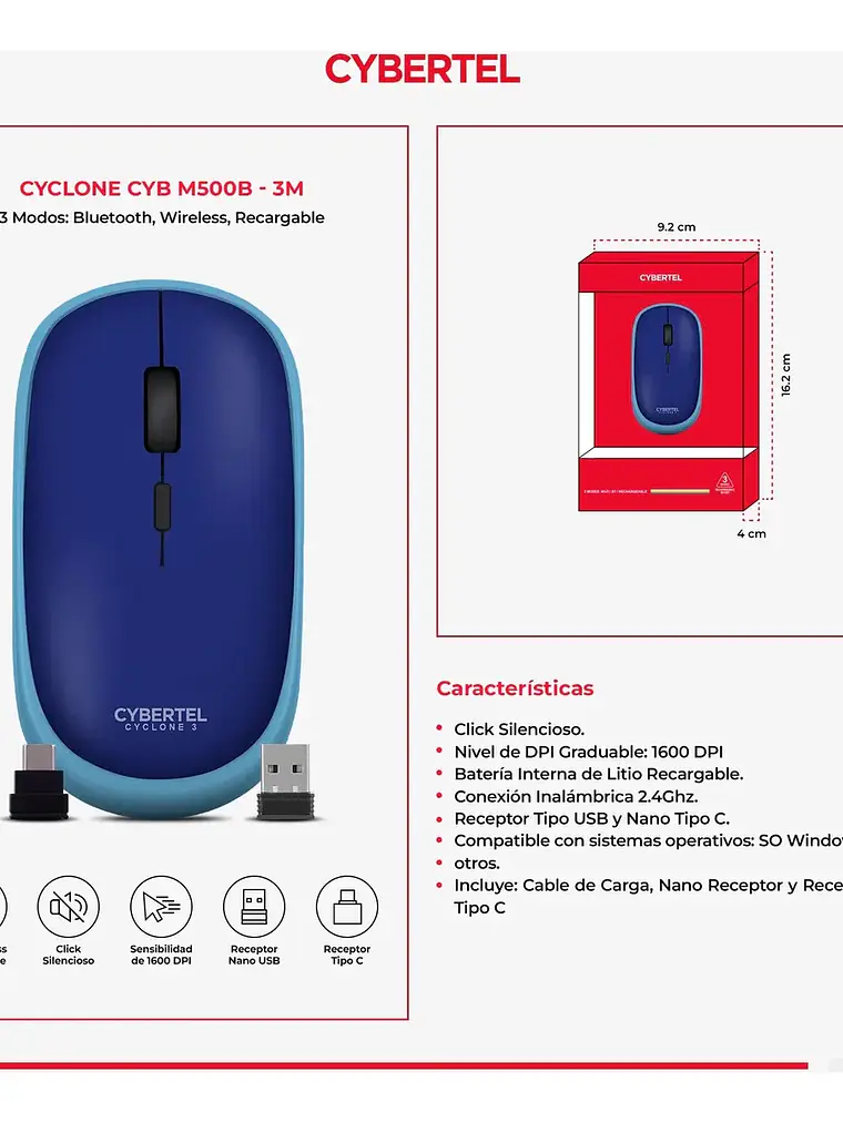 Mouse Inalámbrico Cybertel CYCLONE CYB M500 3 Modos Bluetooth 1600 DPI Recargable 6