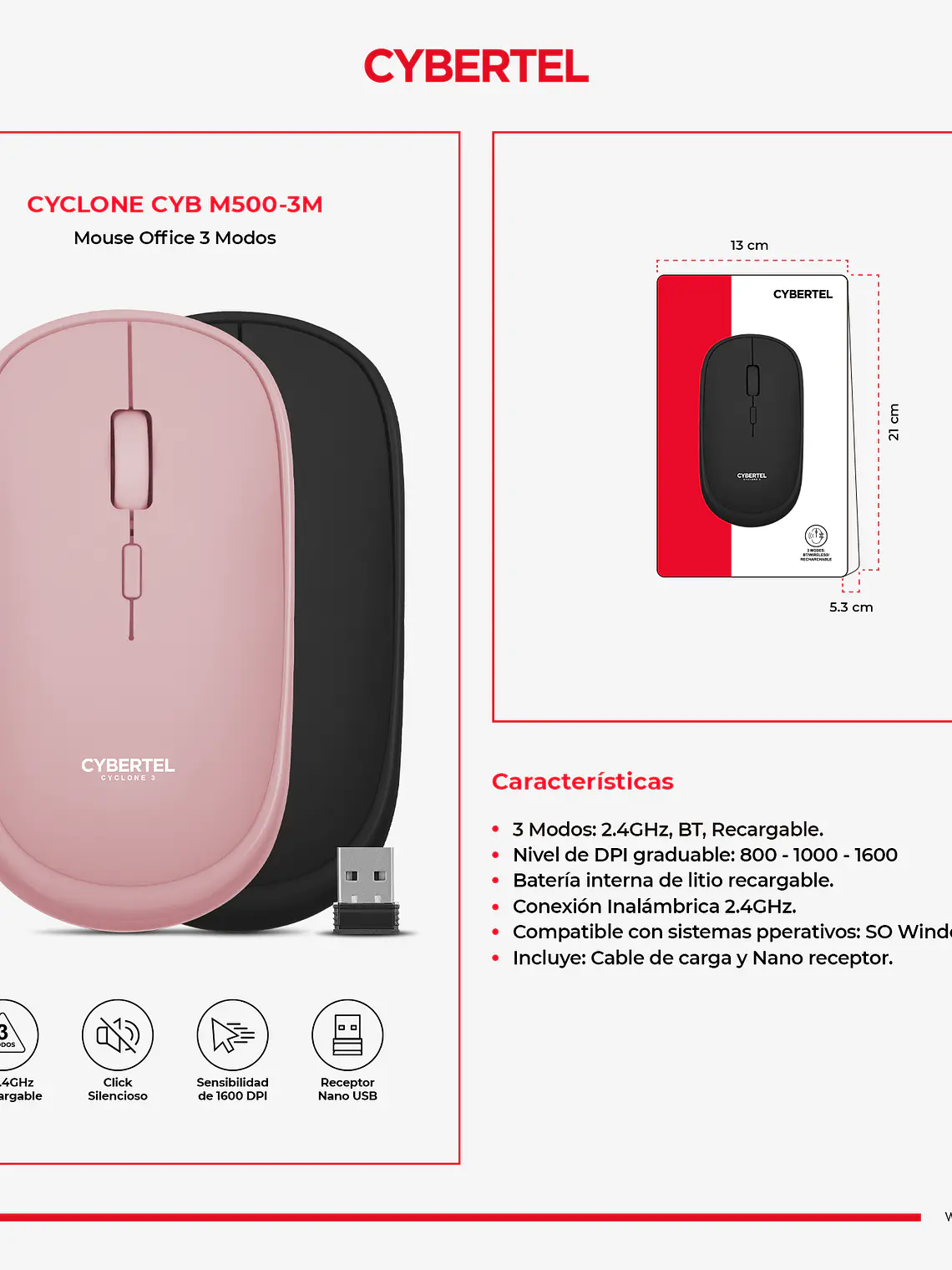 Mouse Inalámbrico Cybertel CYCLONE CYB M500 3 Modos Bluetooth 1600 DPI Recargable 4