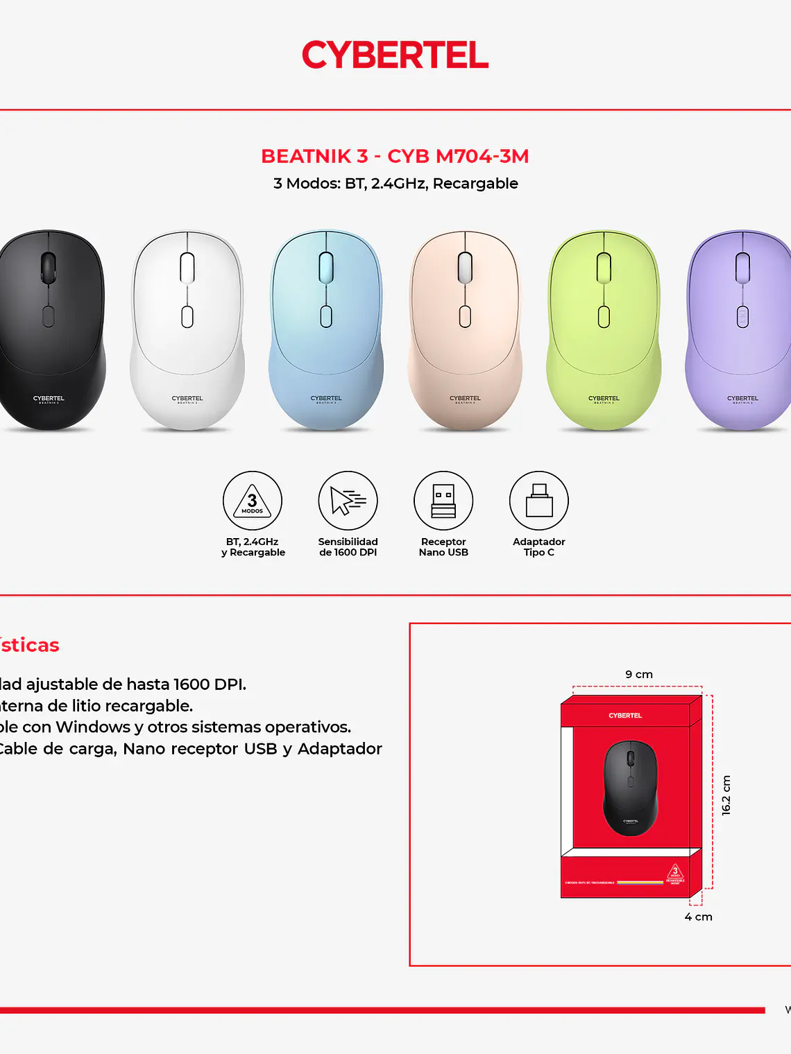 Mouse Inalámbrico Cybertel Beatnik 3 CYB M704-3M 3 Modos 1600 DPI 6