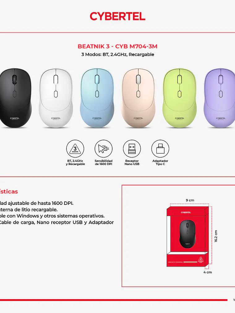 Mouse Inalámbrico Cybertel Beatnik 3 CYB M704-3M 3 Modos 1600 DPI 6