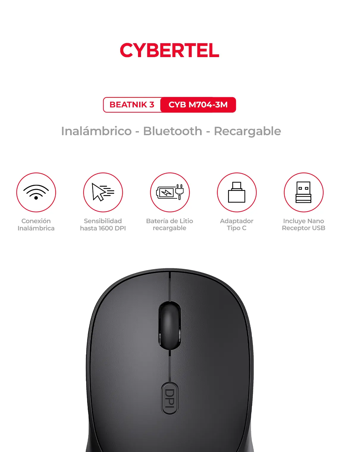 Mouse Inalámbrico Cybertel Beatnik 3 CYB M704-3M 3 Modos 1600 DPI 7