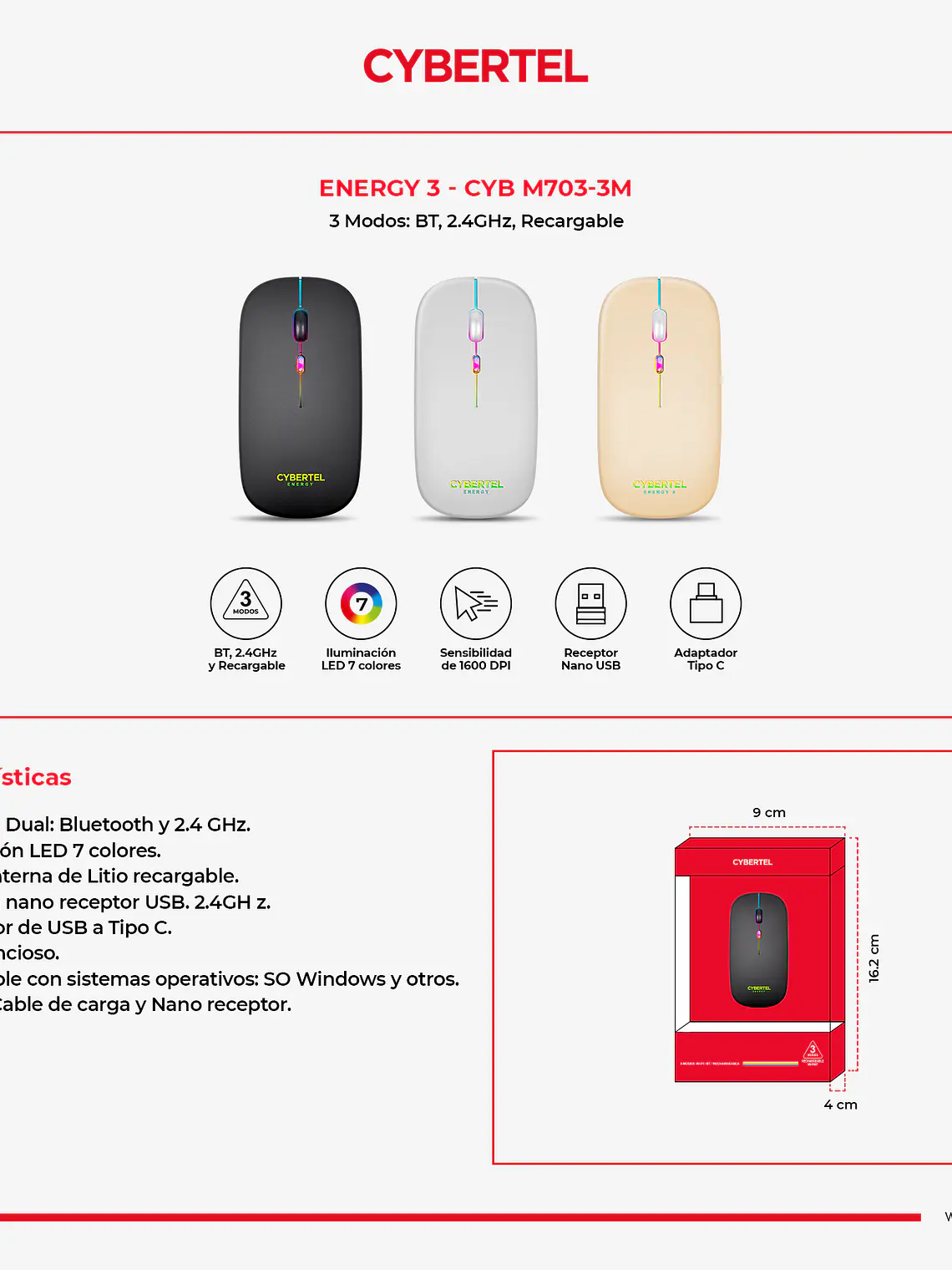Mouse Inalámbrico Cybertel Energy 3 CYB M703-3M Bluetooth 2.4 GHz LED 5