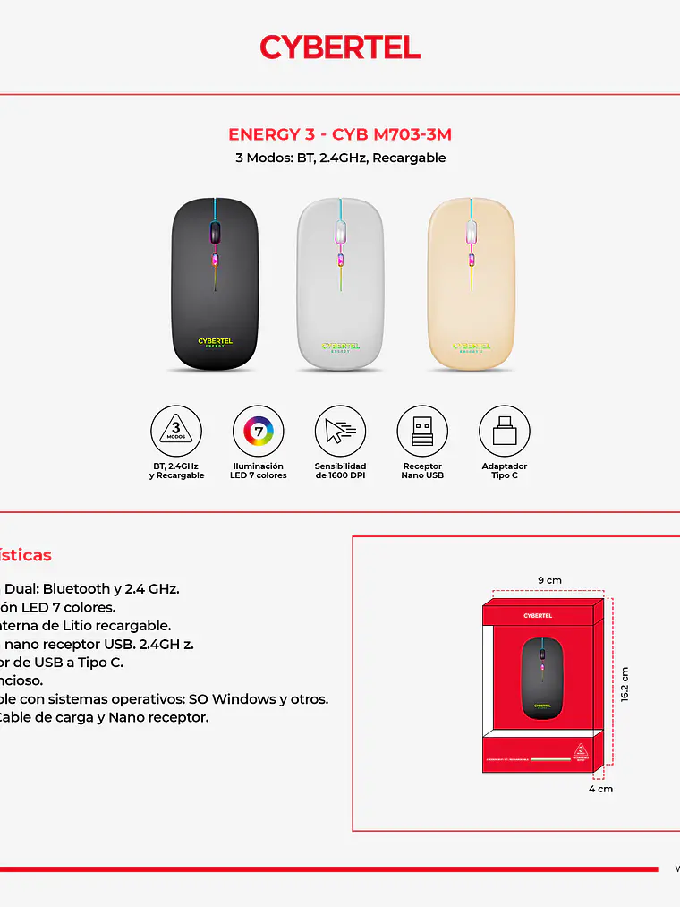 Mouse Inalámbrico Cybertel Energy 3 CYB M703-3M Bluetooth 2.4 GHz LED 5