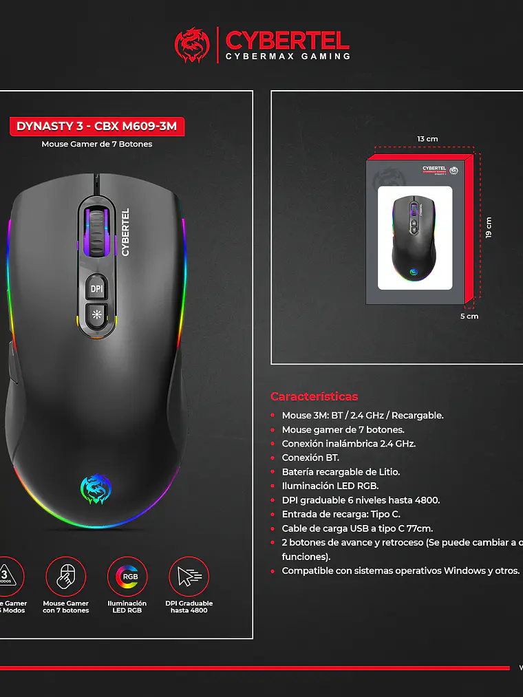Mouse Gamer Inalámbrico Cybertel Dynasty 3 CBX M609-3M 4800 DPI RGB 3