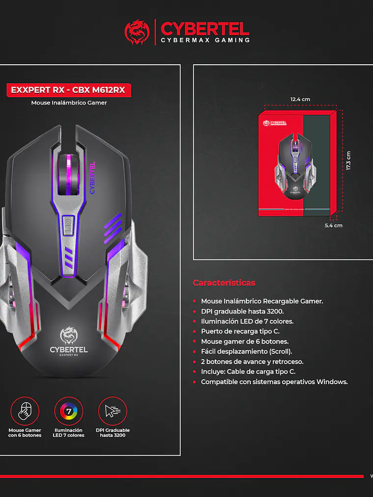 Mouse Optico Gamer Inalambrico Cybertel Cybermax Recargable DPI 3200 Exxpert RX CBX M612RX 2