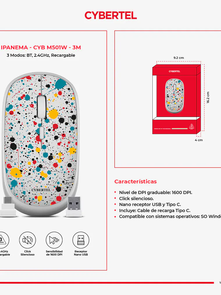 Mouse Cybertel Ipanema M501W 3M Inalámbrico Bluetooth Recargable 5