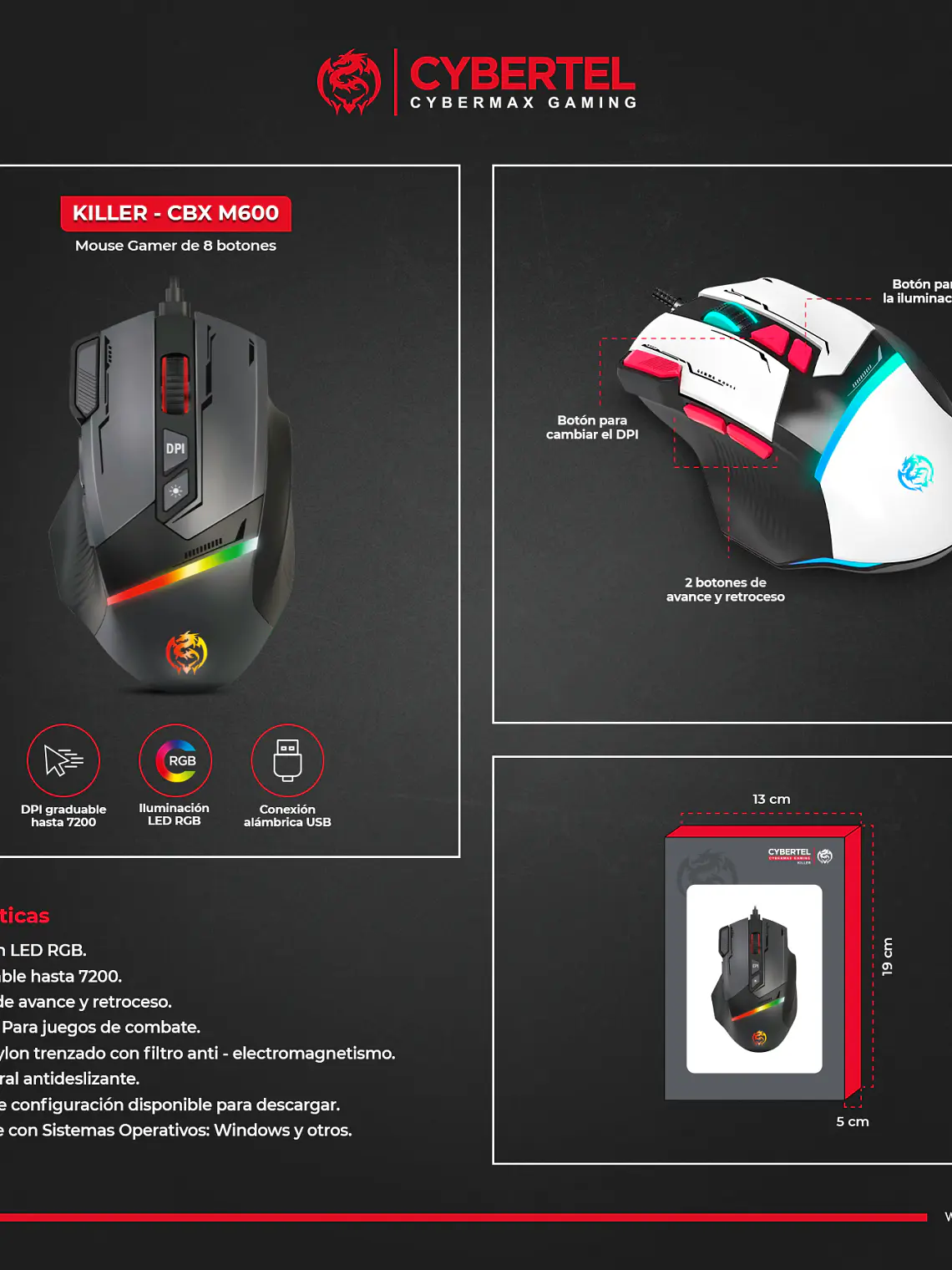 Mouse Gamer Cybertel Killer CBX M600 RGB 8 Botones 7200 DPI 3