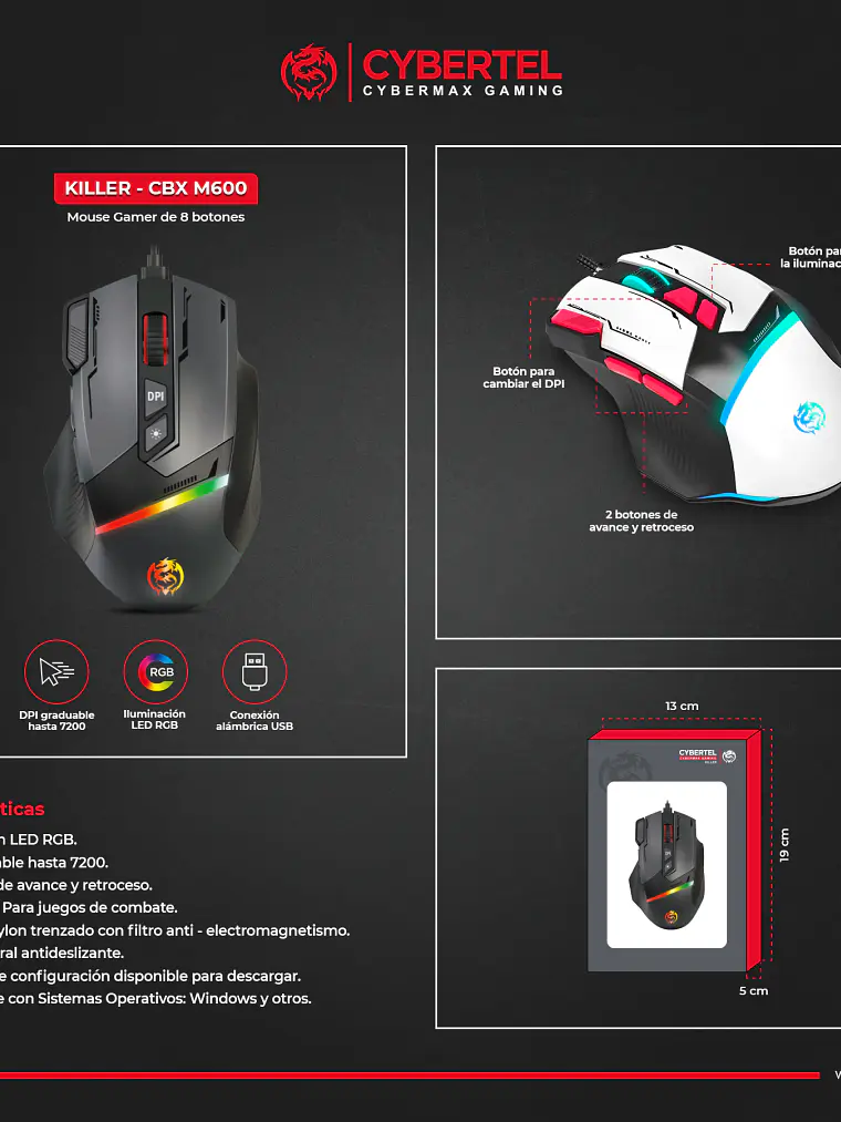 Mouse Gamer Cybertel Killer CBX M600 RGB 8 Botones 7200 DPI 3