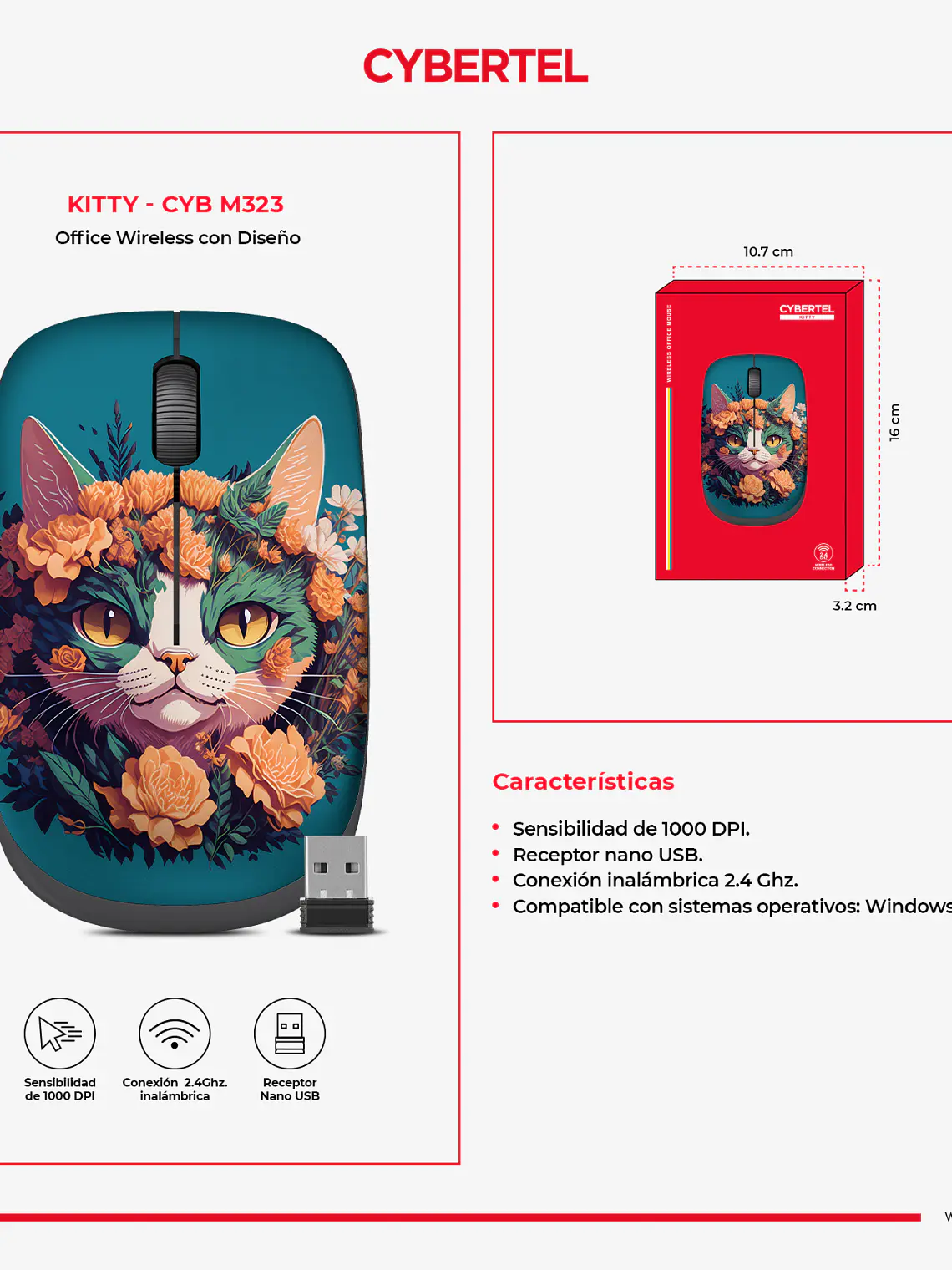 Mouse Inalámbrico Cybertel Kitty M323 1000 DPI 2.4 GHz 3