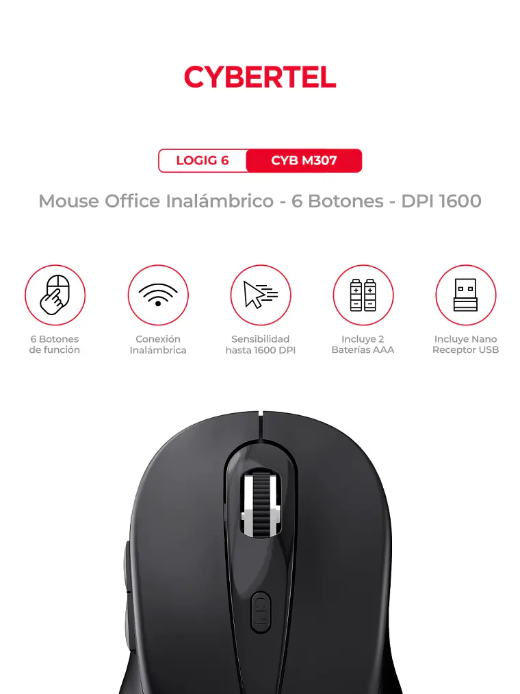 Mouse Inalámbrico Cybertel CYB-M307 6 Botones 1600 DPI 5