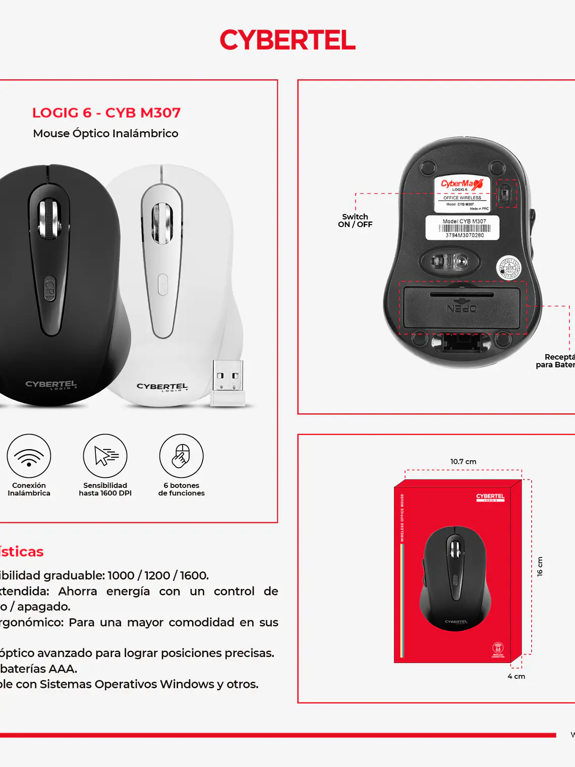 Mouse Inalámbrico Cybertel CYB-M307 6 Botones 1600 DPI 7